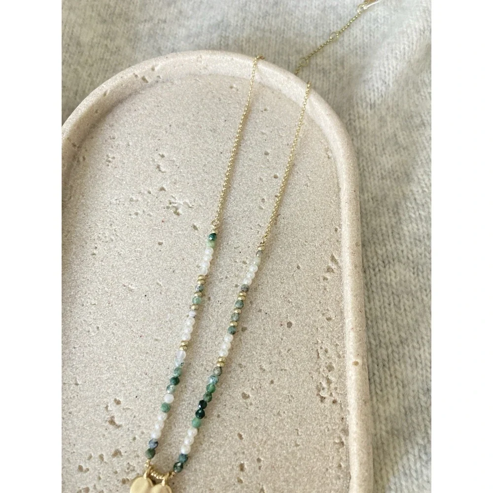 NEW Lucky Brand Gold Tone Heart Pendant Necklace Pearl Green Beaded Chain Dainty